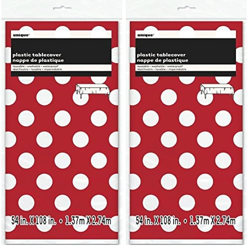2 pacote de toalha de mesa de plástico de bolinhas, 108 x 54, vermelho com pontos brancos