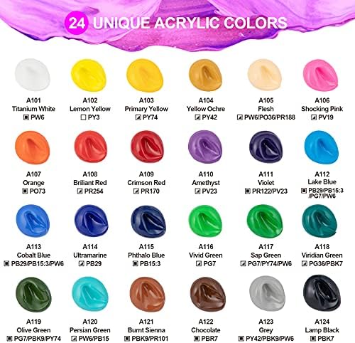 Conjunto de tintas acrílicas do Parkoo, 24 cores vibrantes em garrafas de 2 oz/59 ml, kit de pintura de artistas para