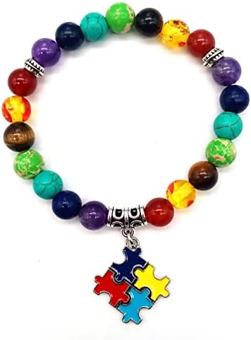 Consciência do autismo 7 Chakra Pedra de pedra natural Bracelet de pedra natural amor fita de coração redonda Puzzim elástico Cordão autista para menino menino adolescente homem homem amigo ioga meditação jóia presente