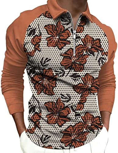 ZDDO 2022 Novas camisas de pólo para masculino, zíper para o pescoço de manga longa de bolinhas florais de retalhos
