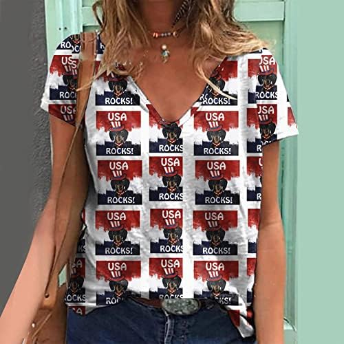 4 de julho Camisas para mulheres Casual Summer USA Tamas T T Tamas de manga curta V listras de pescoço tampe-tes