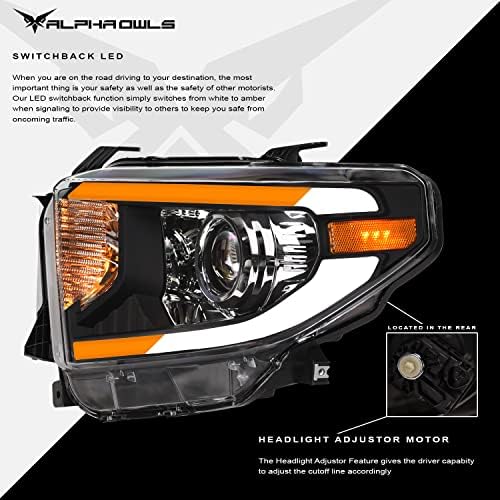 Alpha Owls 8711651 Faróis do projetor com luminária de LED sequencial e luz de startup - Black Amber Fits 2014-2021 Toyota Tundra com ajustador de nível