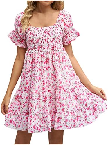 Vestidos de pescoço quadrado de verão feminino vestidos de manga curta estampa floral plufle mini vestido casual flowy