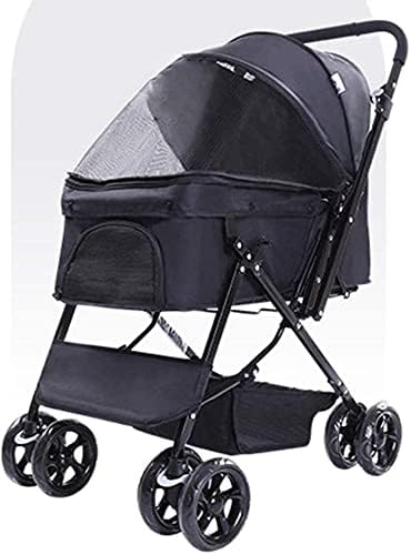 RSQJ Stroller para cães, carrinhos de cachorro/gato/animais de estimação, carrinho de gaiola de cães de 4 rodas, barra reversível,