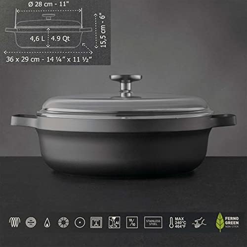 Berghoff Gem 4.9 Qt, 11 Não-bastão Sautepan, de 2 ida com revestimento de cerâmica, com tampa de vidro, alumínio fundido, preto,