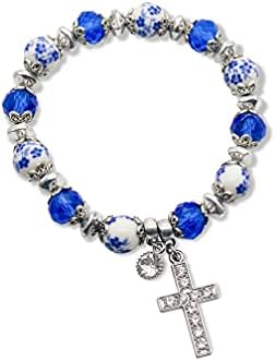 Nazareth Store Religious Bracelet Classic Classic Classic Badyed Bangle com Blue Crystal Beads Sagrado Presente para Jóias