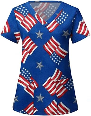 Blusa de 4 de julho para Women USA FLAND SMERMEM SMANEVE CHISTA DE MANEVA CUMO V CHISTES COM 2 BOLSAS BLOSHS Top Holiday Casual