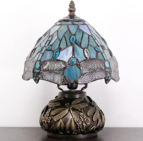 RhLamps Small Tiffany Lamp W8H11 polegada mare azul de vidro de vidro Dragonfly estilo lâmpada de bronze lâmpada de cogumelo