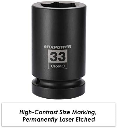 MixPower de 1 polegada de acionamento profundo soquete de impacto, Cr-Mo, 33mm, 6 pontos, design de canto de raio, abertura chanfrada, soquete de grau de impacto porca do eixo para facilitar a remoção