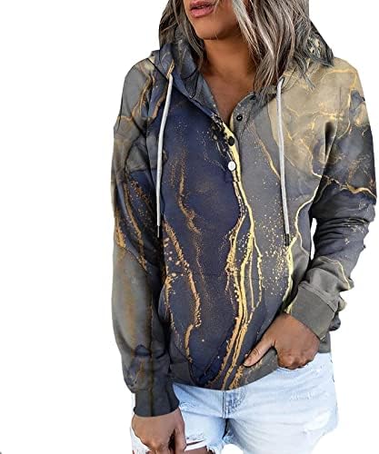 Ruziyoog Mulheres Hoodies botão de manga comprida Casual Casual Capuz Sweatshirts Basic Pullover solto com bolso de canguru