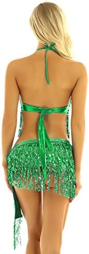 Yeahdor feminina tamels de lantejoulas de barriga de dança latina halter halter top com saias de lenço de quadril