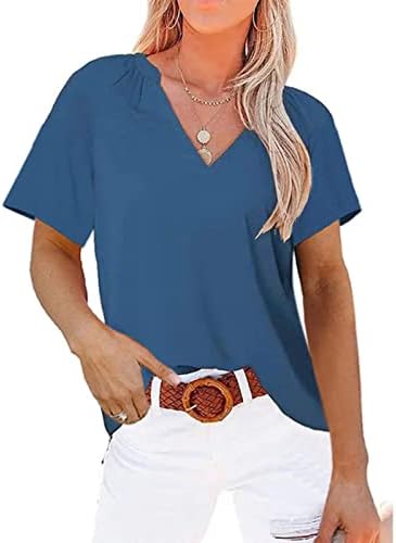 Tops de verão para mulheres 2023 V camisetas de pescoço tshirts Tees casual solto ajuste a camisa de cor sólida básica de tamanho plado.