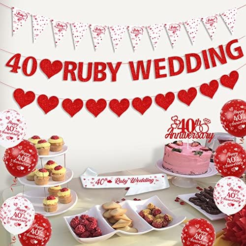 40º aniversário de casamento Decorações Ruby 40º aniversário Balões Bunting Red Heart Aning