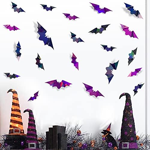 72pcs morcegos decoração de halloween iridescent 3d morcegos decoração de parede de parede preto papel holográfico de papel decorativo