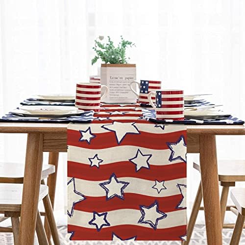 4 de julho Table Runner 13x72 polegadas de comprimento, estrelas patrióticas com runner de mesa de listras vermelhas, sala de jantar de cozinha em casa decoração de mesa de café de festas de festas da independência do Dia da Independência