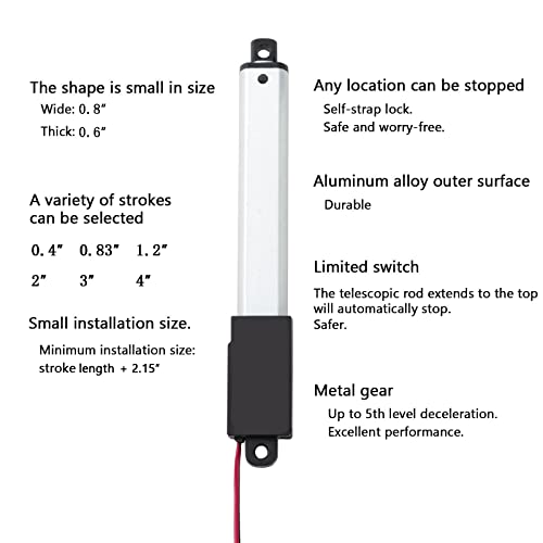 JQDML Mini Micro Linear Atuador Metal Gear 12V, AVC de 4 polegadas, Força de empurrar 4,3 libras Velocidade 2 /s, Peso: 0,18 libras,