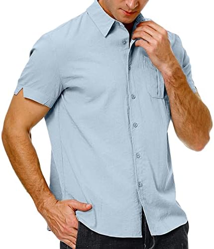 Botão de linho de algodão masculino Camisa casual de manga curta Camisas de praia lisam camisas leves leves e respiráveis