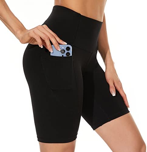 shorts de motociclista da cintura alta do CCKO para mulheres; Treino de shorts de ioga com bolsos; Shorts de leggings atléticos