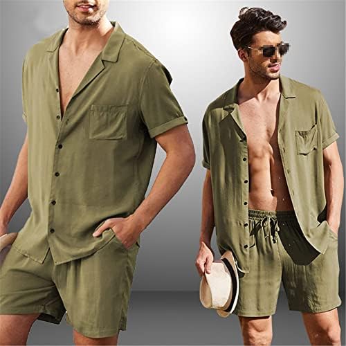 Conjuntos havaianos masculinos de linho de linho de algodão de verão conjuntos de shorts de camisa