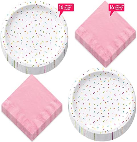 Home & Hoopla Sprinkles Placas de sobremesa redonda de papel do chá de bebê e guardanapos de bebida rosa pálido