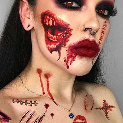 Ooopsiun 30 folhas Halloween Zombie Tattoos temporários - Horror realista de Halloween Feridas sangrentas enfrentam tattoos