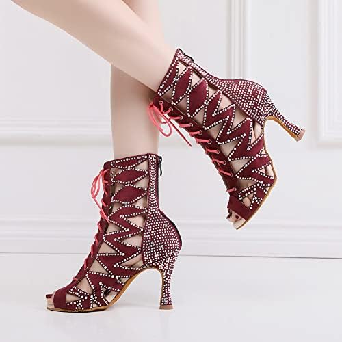 Hroyl Mulheres Peep Toe Toe Sexy Hollow Out Dance Boots Rhinestone Ballroom Patry Salsa Latina Salsa Salsa, Modelo QJW9008