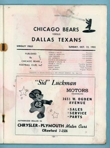 12 de outubro de 1952 Dallas Texans vs Chicago Bears Programa NFL Somente Temporada Texans - NFL Programas