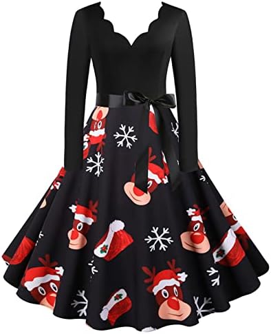 Vestido de Natal para mulheres Impressão engraçada de manga longa de retalhos A-line Vestidos de balanço Vestido de coquetel