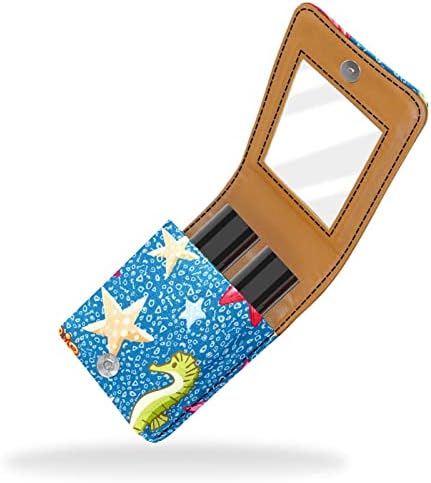 Seahorse Starfish verão pequeno portátil PU Leather Batom Makeup Case de batom cosmético Bolsa de batom de batom com espelho com