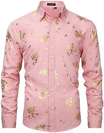 Camisas de vestido de ouro rosa brilhante mastern camisetas de boate floral camisas de manga longa estampadas de manga longa 70