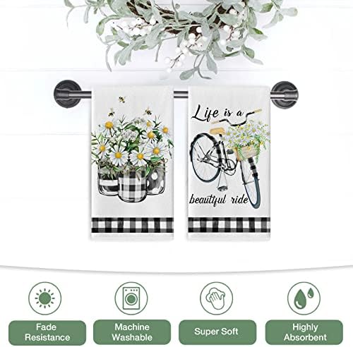 Seliem Spring Daisy Floral Flores Floris Bike Cozinha Conjunto de toalhas de 2, Life é um belo pano de cozinha de choque de búfalo de toalhas de mão, pano de cozinha, decoração de cozinha sazonal de verão 18x26 polegadas