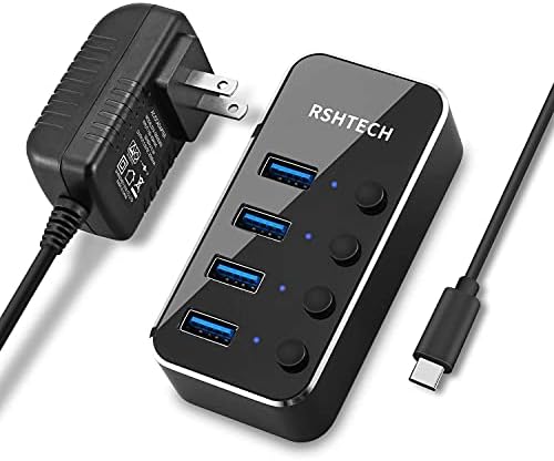 Hub USB de alimentação RSHTECH 4 PORT USB C TO USB 3.0 PORT HUB DE PORTA EXPORMANTE DE ALUMUMUMO DE ALUMUMATE SPLITTER USB 3.0 com adaptador de 5V CA e interruptores individuais On/Off