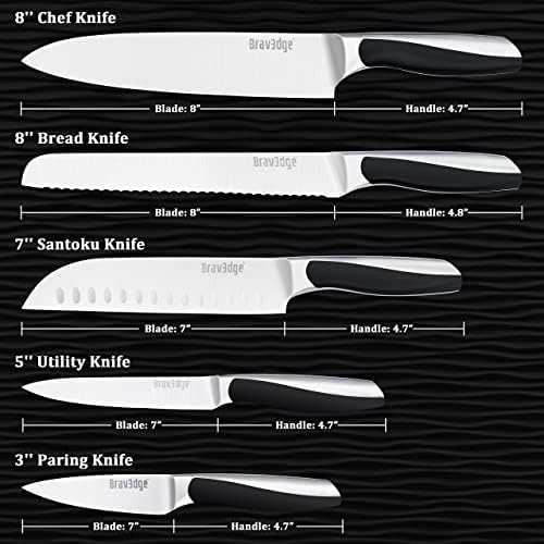 Bravedge 5 PCs Chef Knife Conjunto e faca Santoku de 7 , faca de cozinha profissional com lâmina de aço inoxidável de alto carbono e alça ergonômica de alto carbono, presentes de cozinha em caixa de presente