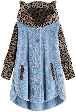 Mulheres Casual Casual Print Print Patchwork Button Down bolso de manga comprida encapuzada com casaco de ouvido solteira linda jaqueta adolescente