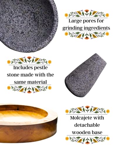 Yo pido molcajete 8 com suporte de madeira; Argamassa de especiarias; Feito com pedra vulcânica; Molcajete feito à mão no México;