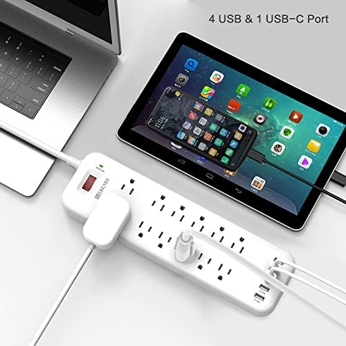 Protetor de punção de faixa de energia com 12 pontos de venda e 4 portas USB e 1 porta USB-C & E26 para E26 Adaptador de soquete