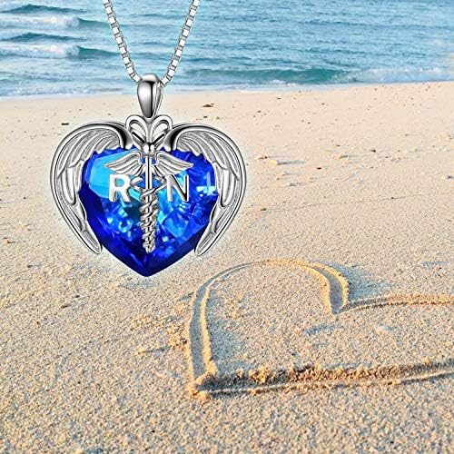 Aoboco Sterling Silver Registed Nurse RN NP LPN Colar de caduceus Pingente com Charm de Coração Angel feito com Cristal Austríaco,