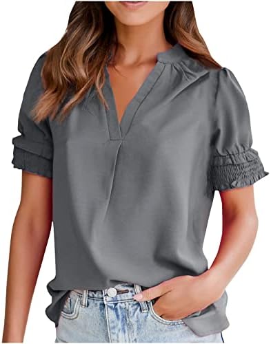 Tops de manga ruched para mulheres de cor sólida de cor casual em v luva curta de camiseta solta camisetas