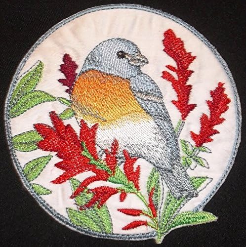 A natureza tecida em fios, Amazing Birds Kingdom [Lazuli Bunting e Indian Paintbrush Circle [Patch de ferro bordado e exclusivo]