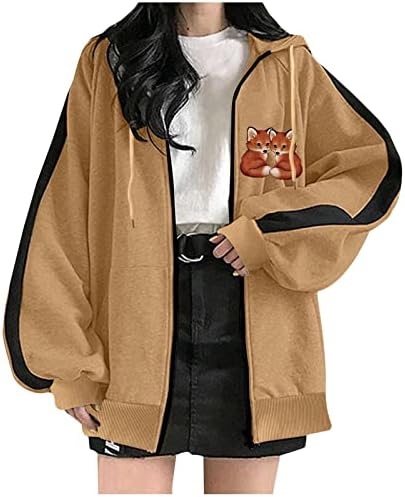 Oplxuo feminino com capuz full-zip, adolescente garotas de desenho animado animais gráficos de manga comprida túnica moletons de capuz de cordão de batedeira superior