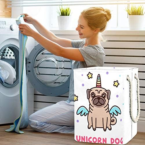 Mapolo Laundry Tester Funny Pug Unicorn Dog Dobrável Cesta de armazenamento de lavanderia com alças suportes destacáveis ​​bem