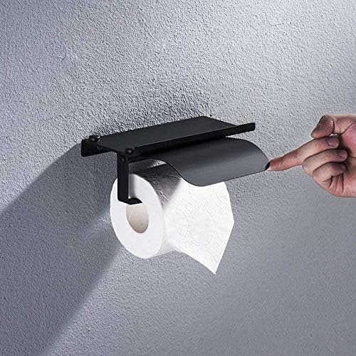 Suporte de papel higiênico fabricado em aço inoxidável conciso com prateleira de telefone acessórios de banheiro preto