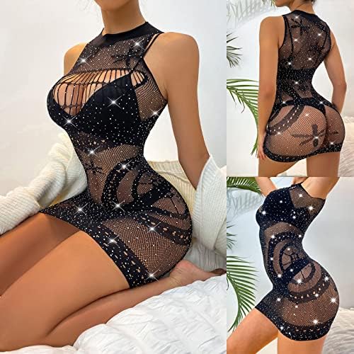 4zhuzi feminina sexy renda de pelúcia mini vestido lingerie malha hole strap rike quimise babydoll bodysuit corisão