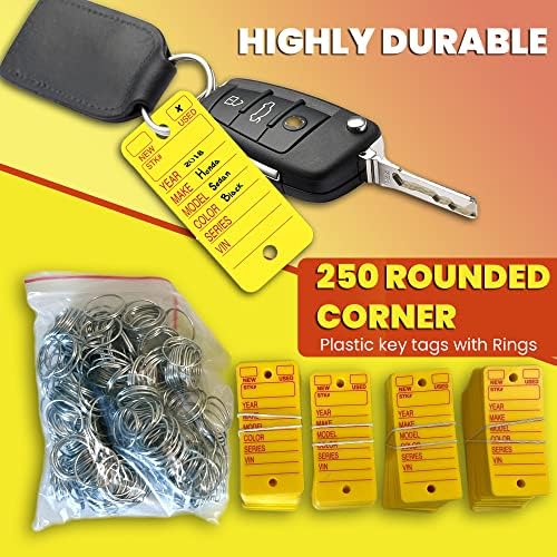 Montkava Plastic Key Tags com anéis | 250 tags e 250 anéis | Cor amarela, bordas arredondadas, seções pré-impressas e orifícios pré-perfurados