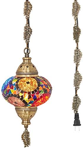 Demmex Swag Plug in Turkish Marroqucan Mosaic Teto Solivando lustre de lustres de lustres, conecte com cordão de 15 pés e correntes de folhas de metal