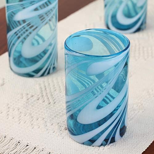 Novica Blue e White Swirl Blown Glass Water Glasses, 15 oz, 'Grornando aquamarina'