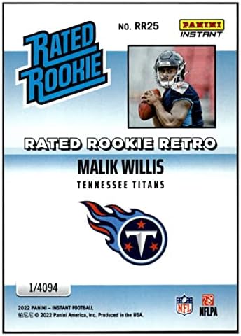 Malik Willis RC 2022 Panini Instant Rated Rookie Retro RR25 NM+ -MT+ NFL Football Titans