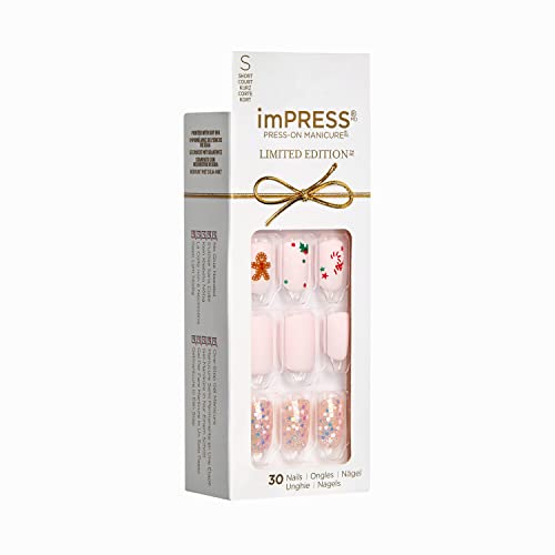 Kiss Impression Edição limitada Holiday Press on Manicure com tecnologia PureFit, comprimento curto, quadrado, pregos rosa, estilo