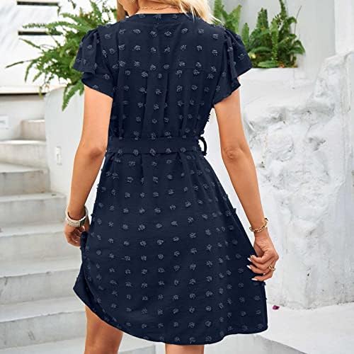 Lmdudan 2023 Dress for Women Summer Casual V Capuz de calça Vestidos curtos Moda Jacquard Belt Swing Ruffle Bainha