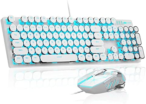Teclado de Typwriter Mechanical Gaming e combinação de mouse, Punk Retro Round Keycap Blue LED LED Backit
